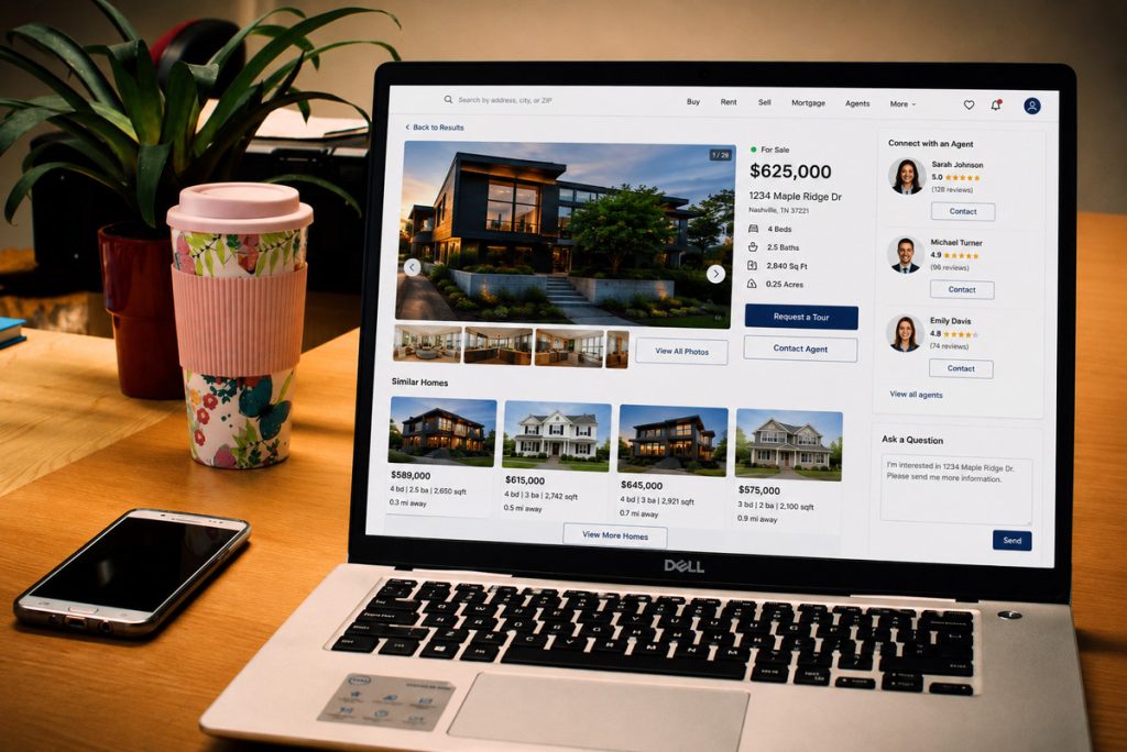 Listing portal displaying competing agents and homes alongside a property listing