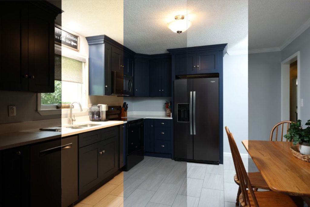 Kitchen before AI real estate photo editing exposure correction with uneven lighting.