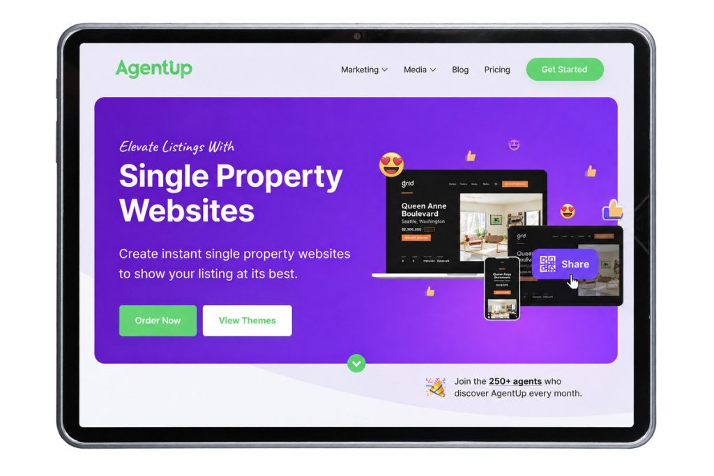 AgentUp single property website template options displayed on a tablet
