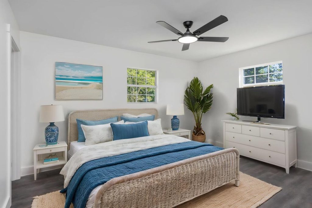 Coastal bedroom created with the best AI virtual staging for real estate
