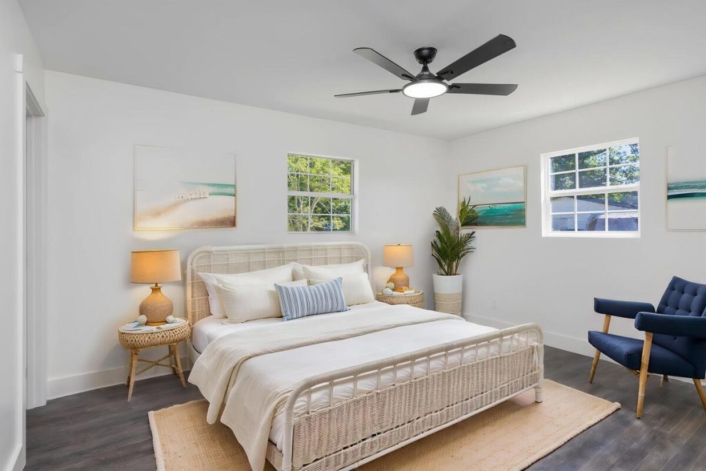 Bright coastal bedroom styled with the best AI virtual staging for real estate