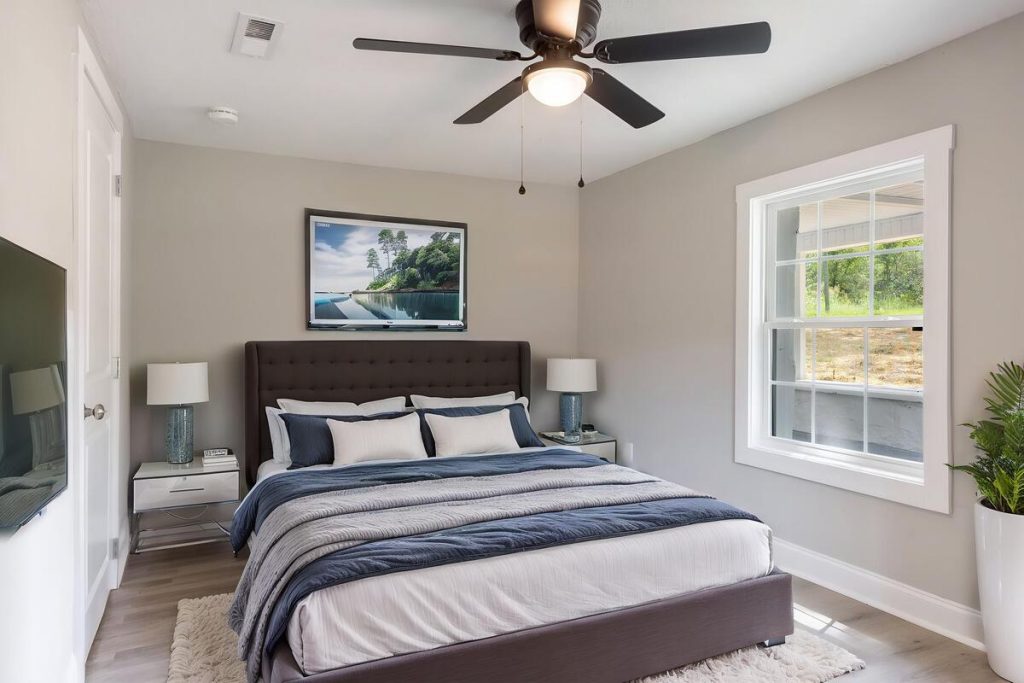 Contemporary modern bedroom styled with the best AI virtual staging for real estate