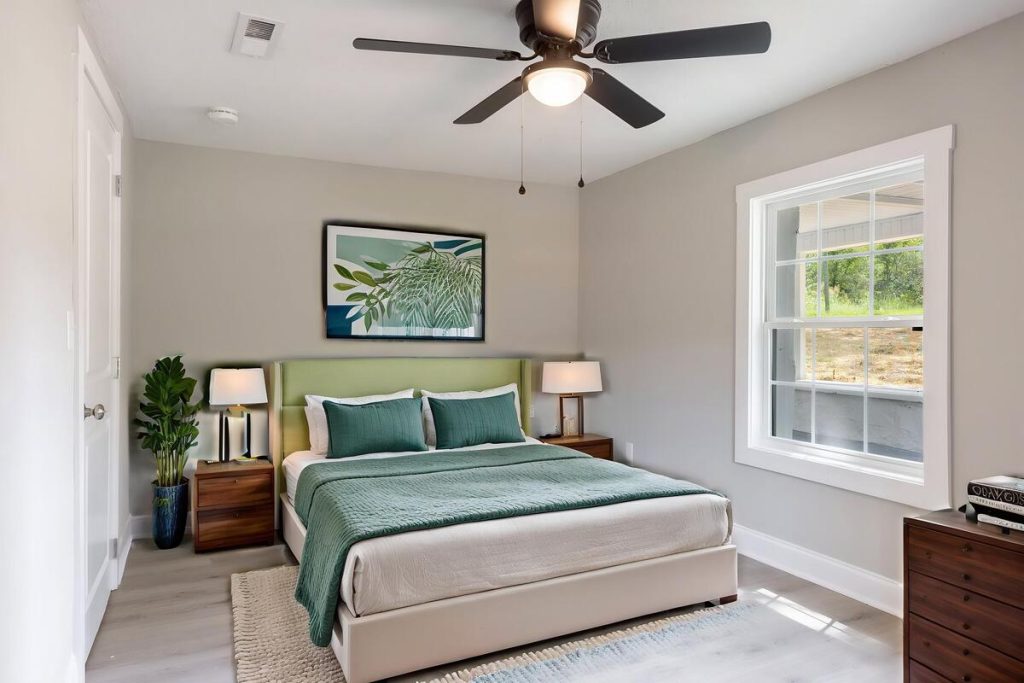 Green-accented modern bedroom designed with the best AI virtual staging for real estate