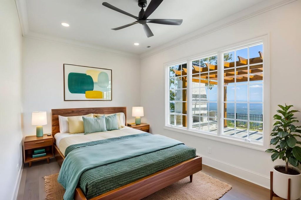 Green midcentury bedroom styled with the best AI virtual staging for real estate