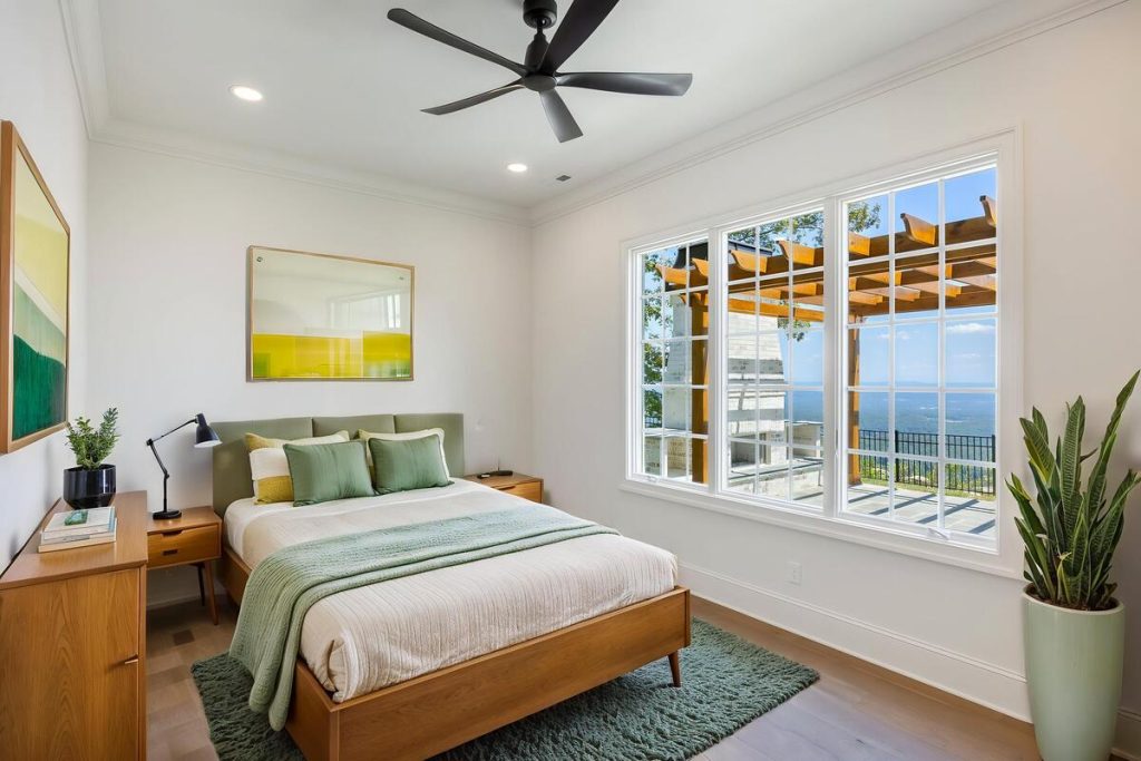 Midcentury bedroom with wood furniture staged using the best AI virtual staging for real estate