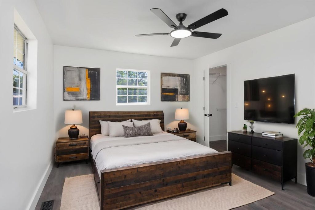 Modern industrial bedroom styled with the best AI virtual staging for real estate