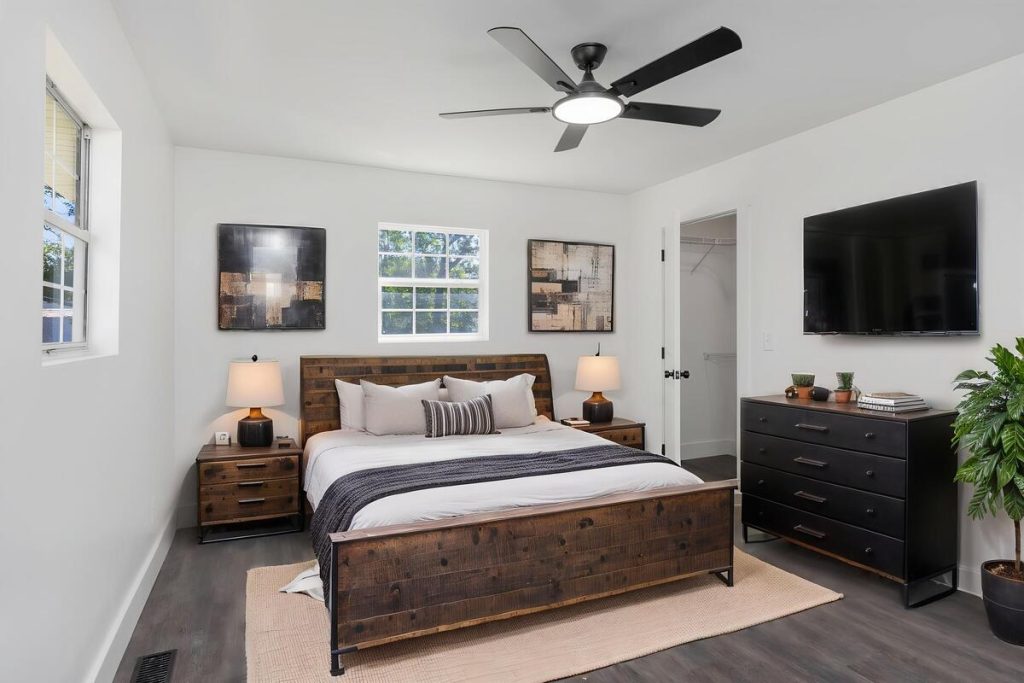 Rustic industrial bedroom designed with the best AI virtual staging for real estate