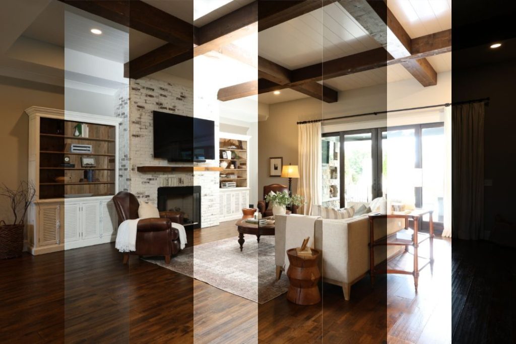Bracketed living room exposures showing different brightness levels for real estate HDR photo editing services