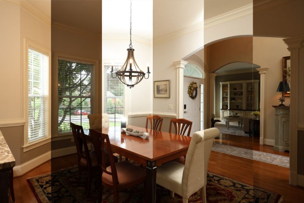 Multiple dining room exposures prepared for real estate HDR photo editing services