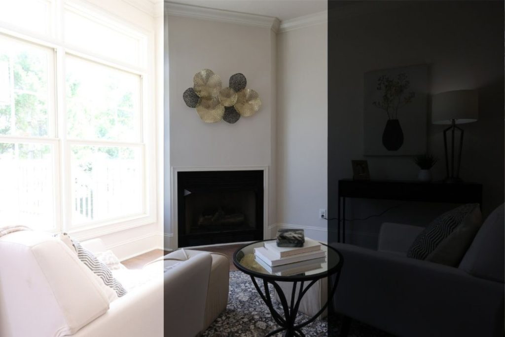 Three bracketed living room exposures used for real estate HDR photo editing services