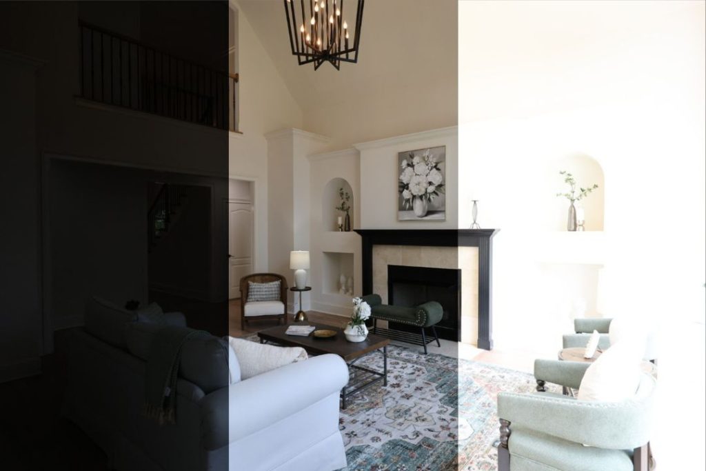 Dark, balanced, and bright living room exposures for real estate HDR photo editing services