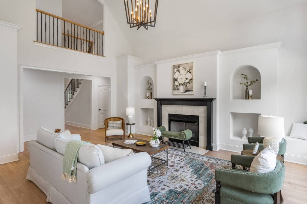 Bright fireplace living room enhanced with real estate HDR photo editing services