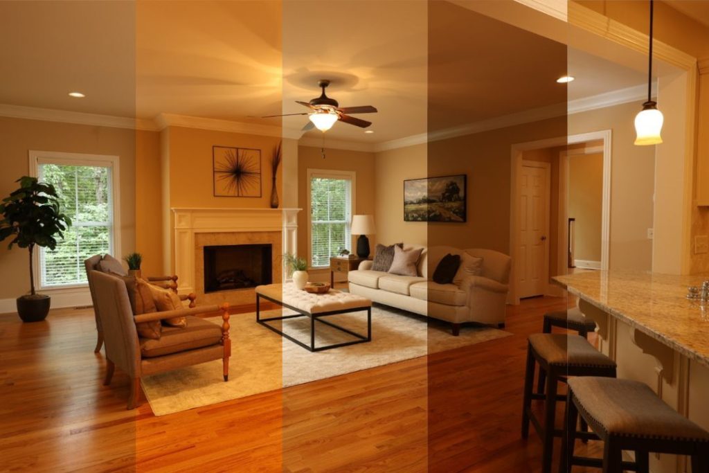 Real estate photo editor comparison showing an interior before final editing