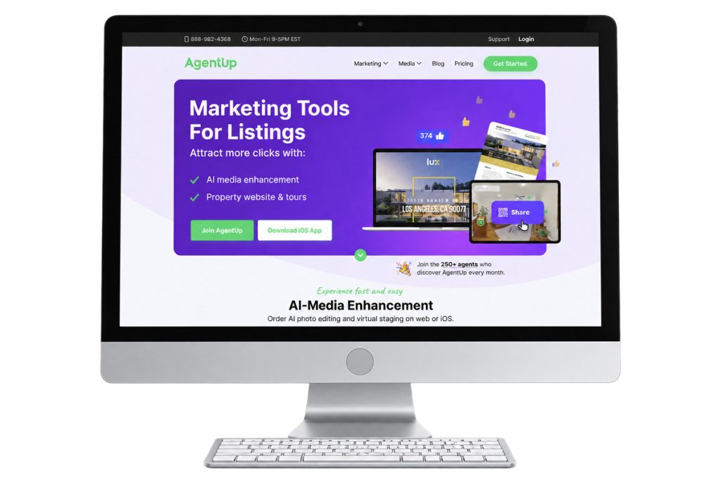Real estate photo editor and AgentUp marketing tools displayed on a desktop