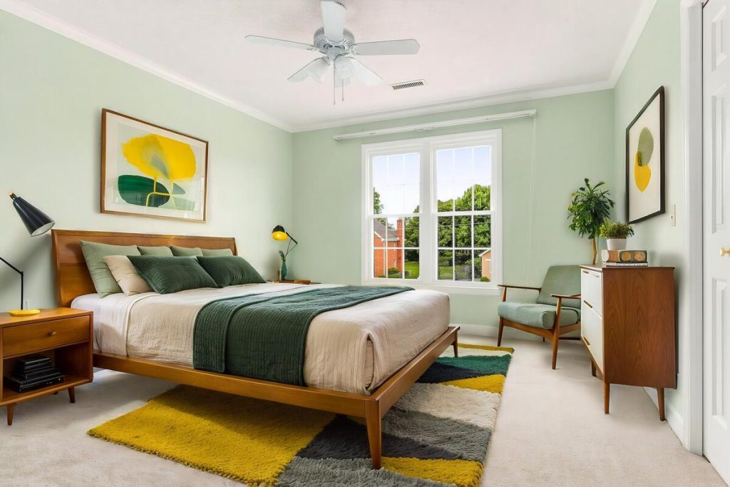 Real estate image editing showing a virtually staged bedroom with coordinated furnishings