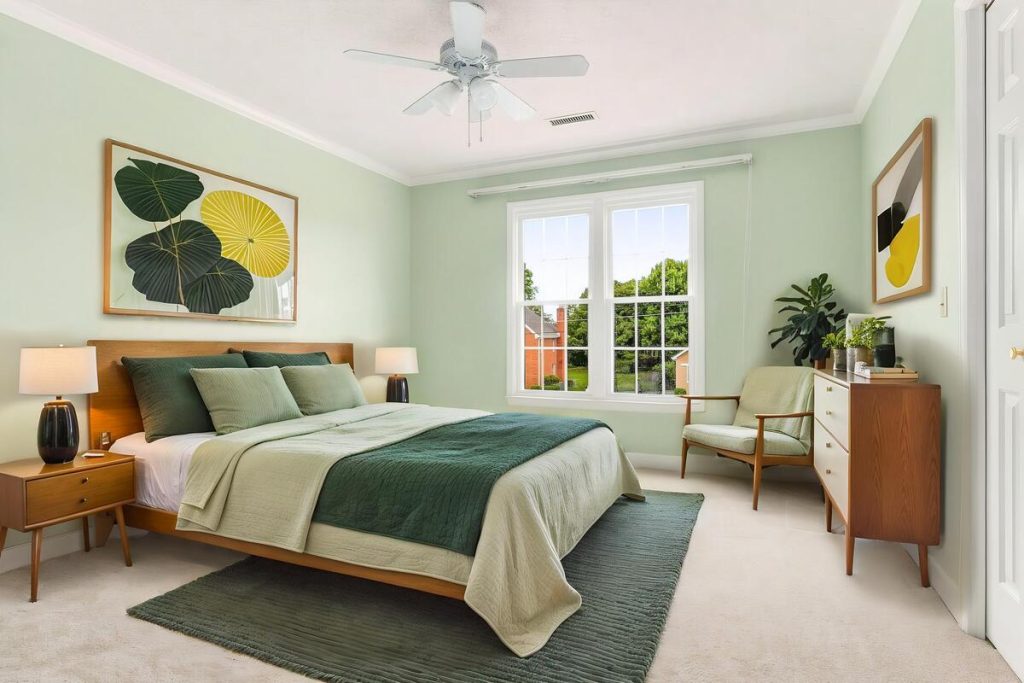 Real estate image editing showing a professionally staged green bedroom interior
