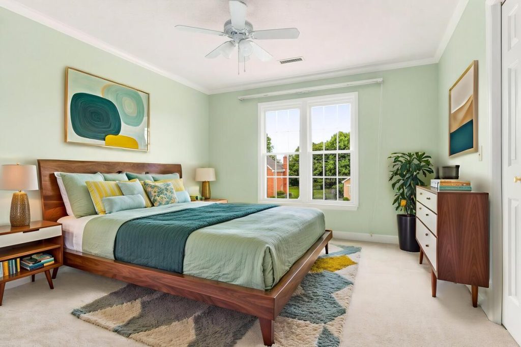 Real estate image editing with an alternate virtual staging design for a bedroom