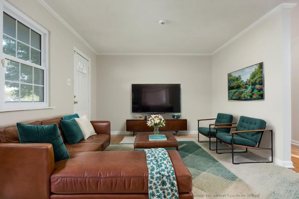 Living room with leather sectional and accent chairs created using virtual staging software.