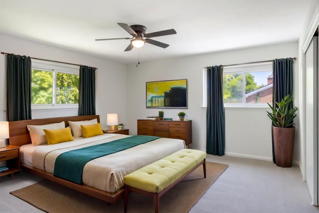 Virtually staged bedroom with warm wood furniture created using virtual staging software.