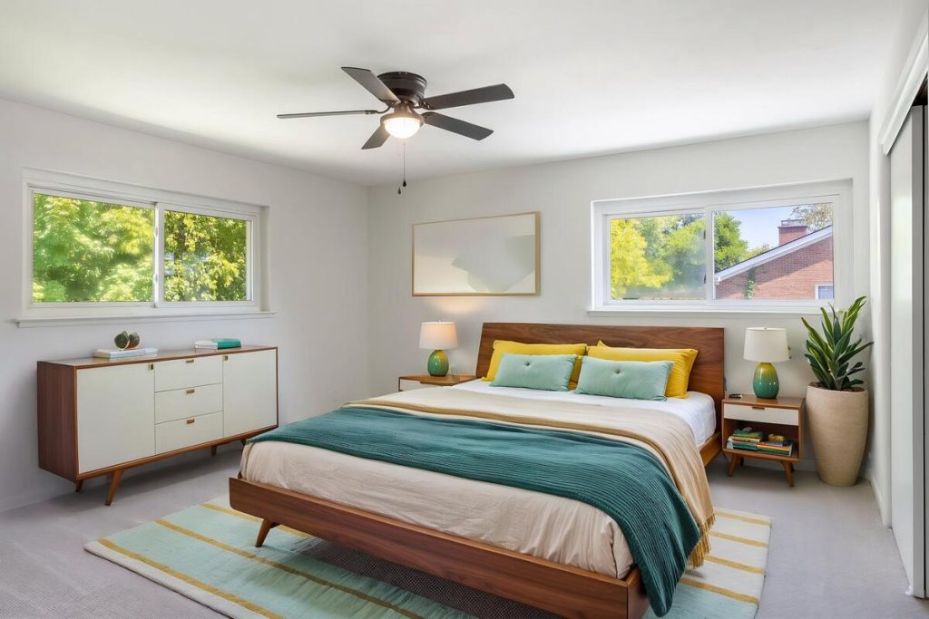 Modern bedroom staging option created with virtual staging software.