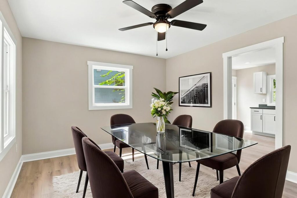 Contemporary dining room design showing another virtual staging software option.